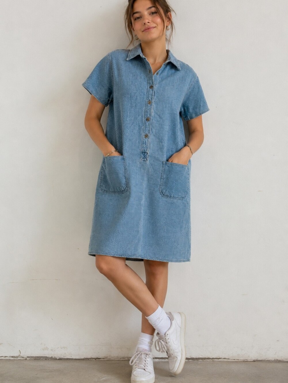 Short Sleeve Light Wash Denim Shirt Dress Womens 16 Vintage Y2K 90s Boxy Shift